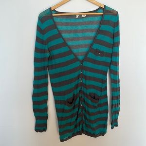 Moth teal and grey striped loose knit cardigan from Anthropologie